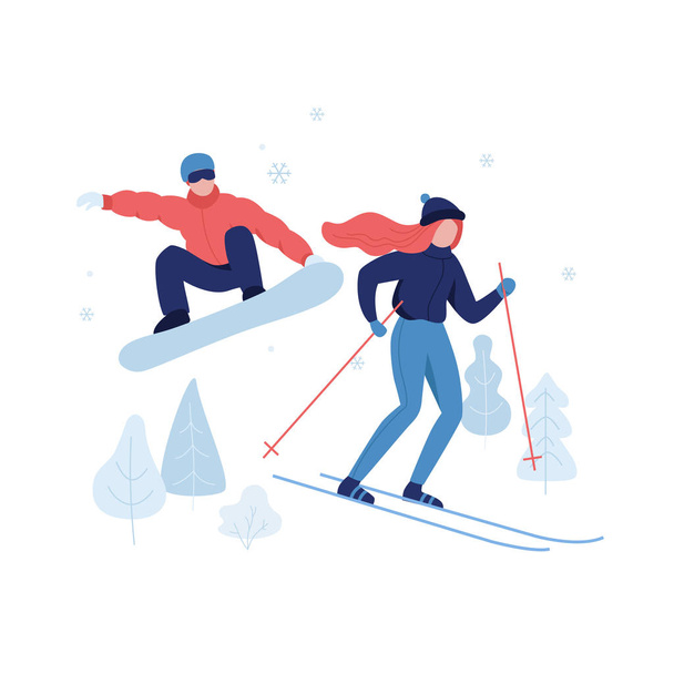 Mensen skiën en snowboarden in winter park rest zone platte vectorillustratie geïsoleerd op een witte achtergrond. Winter activiteiten conceptontwerp voor vaandel, postkaarten, posters en het web afbeeldingen. - Vector, afbeelding