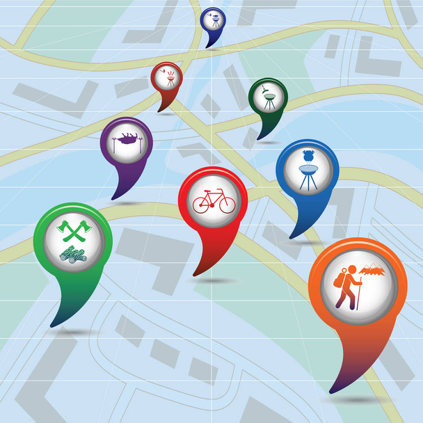Набір покажчиків карт туристичних служб на карті. Векторні ілюстрації
 - Вектор, зображення