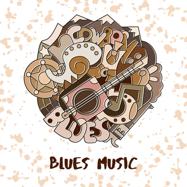 Ručně kreslené světlé vintage plakát s hudební tematikou. Doodle prvky. Blues, jazz a country detaily. - Vektor, obrázek