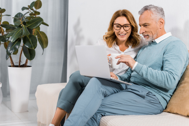 handsome mature man pointing by hand at laptop screen to beautiful wife on sofa at home - Foto, Bild