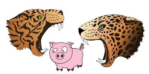 Vektor hlad leopard a tygří chtějí jíst malé prasátko - Vektor, obrázek
