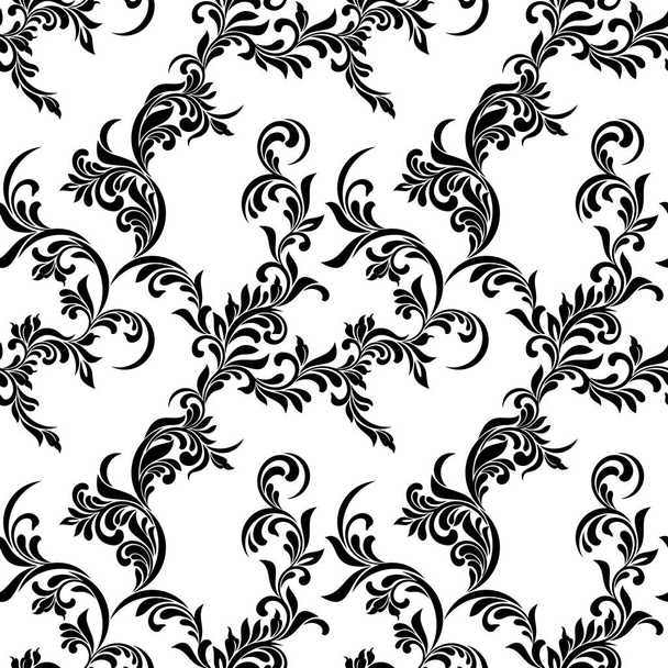 Vintage seamless pattern. Black luxurious Vegetative tracery of stems and leaves isolated on a white background. Ideal for textile print, wallpapers and packaging design - ベクター画像