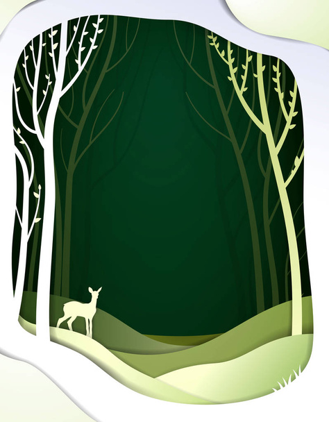 Paper spring forest landscape with young deer, paper spring fairy tale background with bambi, - Vector, Image