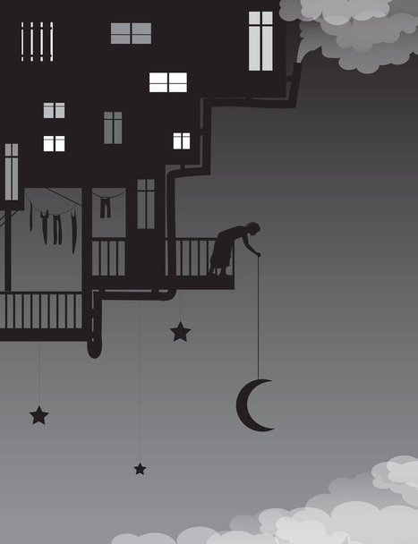 life on heavens, put the moon on the night sky, house on the sky with man putting the moon above the clouds, fairy characters, shadows, - Vetor, Imagem