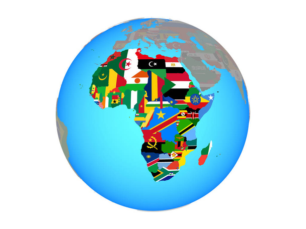 África con banderas nacionales en el globo político azul. Ilustración 3D aislada sobre fondo blanco
. - Foto, Imagen