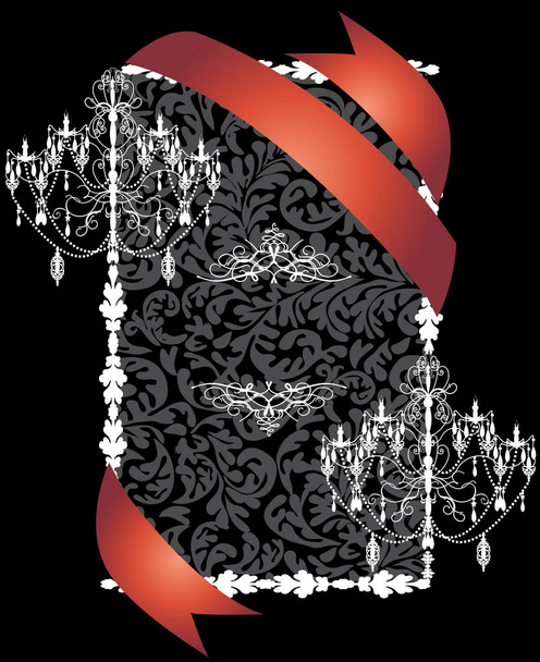 Vintage Einladungskarte mit kunstvollem eleganten abstrakten Blumenmuster, weißer Kronleuchter auf schwarz mit rotem Band. Vektorillustration. - Vektor, Bild
