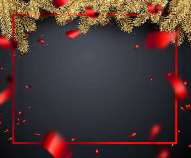 Grey Kerstmis en Nieuwjaar feestelijke poster met frame, fir takken en rode wazig confetti - Vector, afbeelding