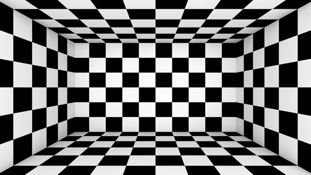 Checkered empty room. Abstract wallpaper, black and white flooring illusion pattern texture background. 3d squares illustration - Photo, Image