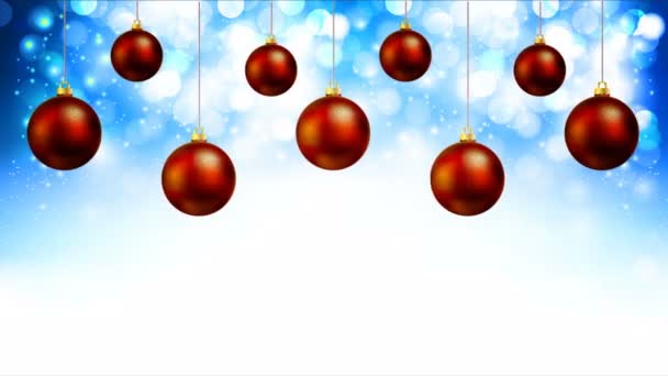 Rode kerstballen op een glanzende blauwe achtergrond-bokeh, kunst video illustratie hangen. - Video