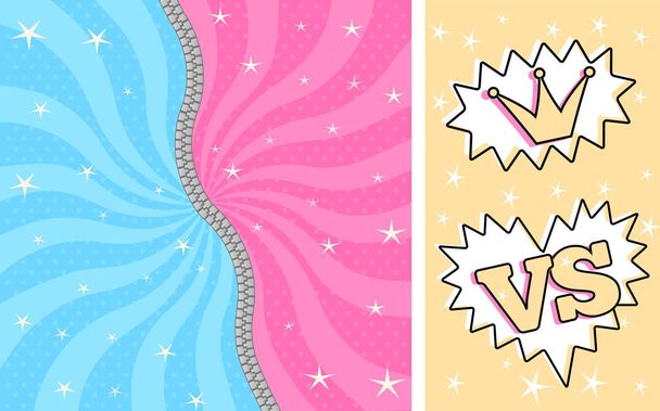 明るいピンク ブルー ストライプ スタイル笑人形驚きのテーマ パーティーのための魔法の背景です。ロマンチックな女性/男性コミックを戦います。誕生日のかわいい招待状ファスナー付け。解凍、閉鎖。雷の戦いゲーム - ベクター画像