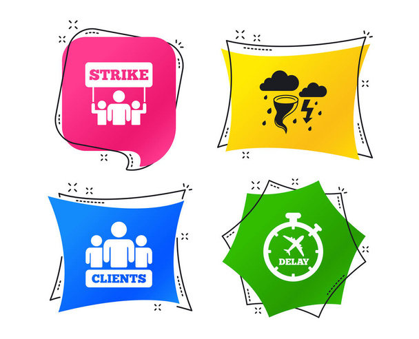 Strike icon. Storm bad weather and group of people signs. Delayed flight symbol. Geometric colorful tags. Banners with flat icons. Trendy design. Vector - Vector, Image