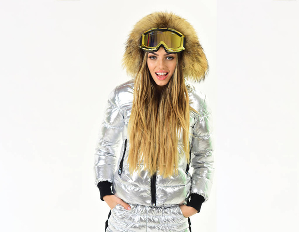 Full of happiness. Winter time fun. Happy winter holidays. Winter sport and activity. Girl in ski or snowboard wear. Sexy woman in winter clothes. Ski resort and snowboarding - Zdjęcie, obraz