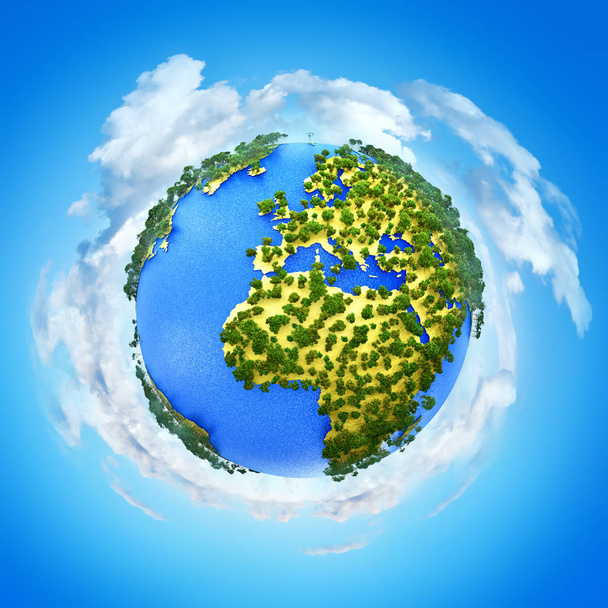 Creative abstract global ecology and environment protection business concept: 3D render illustration of miniature mini green Earth planet globe with world map against blue sky with white clouds background - Photo, Image