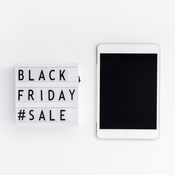 Creative Top view flat lay promotion composition Black friday sale text on lightbox tablet white background copy space Square Template Black friday sale mockup fall thanksgiving promotion advertising - Photo, Image