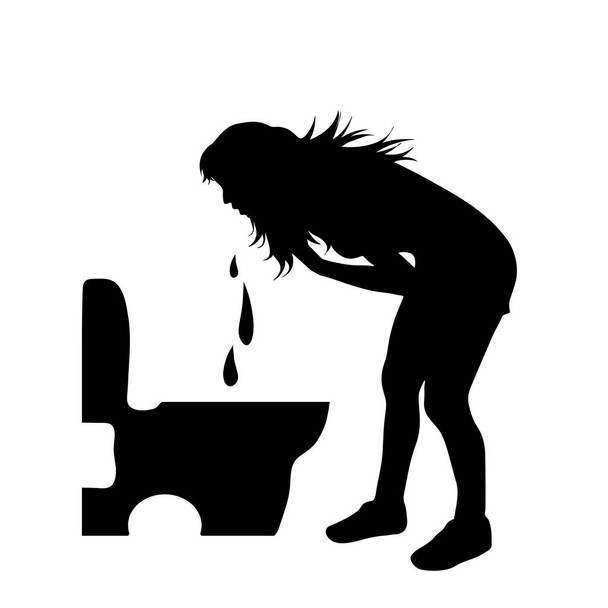 Vector silhouette of woman who vomit to toilet on white backgtround. - Vector, Image