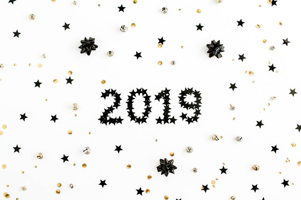 New Year 2019 background with sparkle glitter decoration.  Flat lay, top view - Фото, зображення