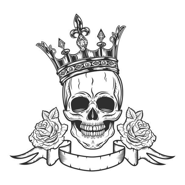 Винтажный череп принца в короне с розой и лентой монохромной изолированной векторной иллюстрацией
 - Вектор,изображение