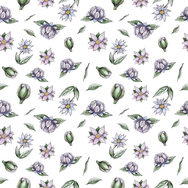 Watercolor and ink seamless pattern flowers - Foto, imagen