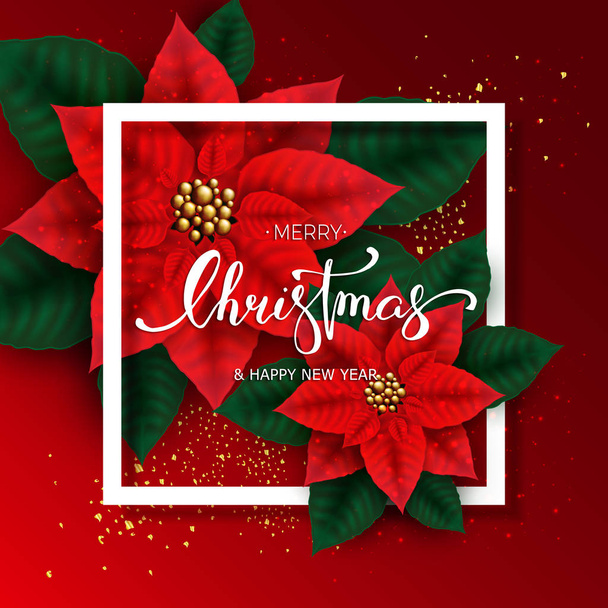 Christmas card with Poinsettia Flowers and hand lettering on red - Vector, Image