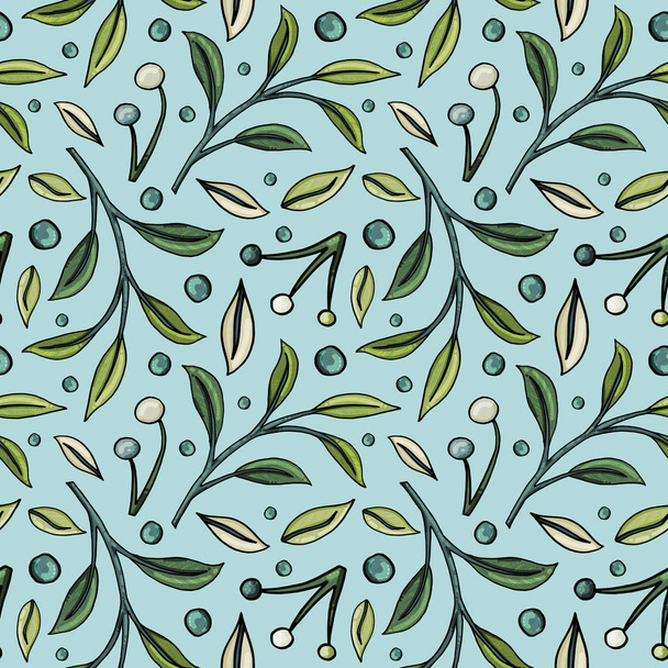 Hand-drawn seamless pattern with berries and leaves on light blue background - Foto, Imagen