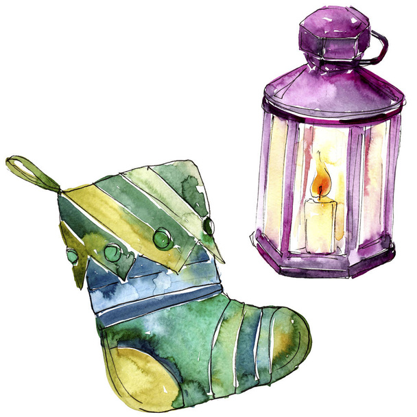 Isolated stocking, candle, illustration elements. Christmas winter holiday symbol in a watercolor style isolated. - Fotó, kép