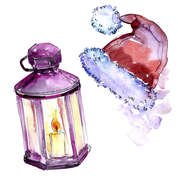 Isolated candle, hat, illustration elements. Christmas winter holiday symbol in a watercolor style isolated. - Foto, Imagen