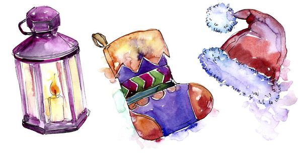 Isolated stocking, bell, hat illustration elements. Christmas winter holiday symbol in a watercolor style isolated. - Photo, Image