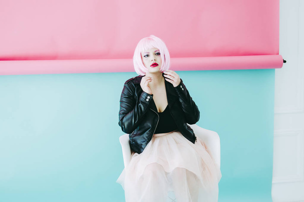  young sensual woman with pink hair and red lipstick  - Fotó, kép