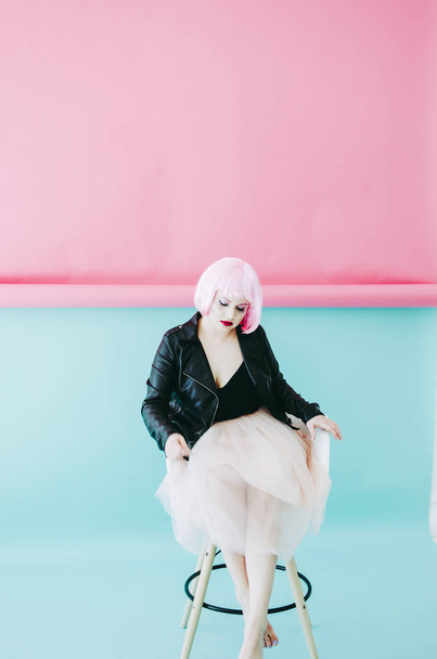  young sensual woman with pink hair and red lipstick  - 写真・画像