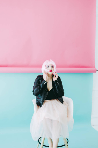  young sensual woman with pink hair and red lipstick  - Valokuva, kuva