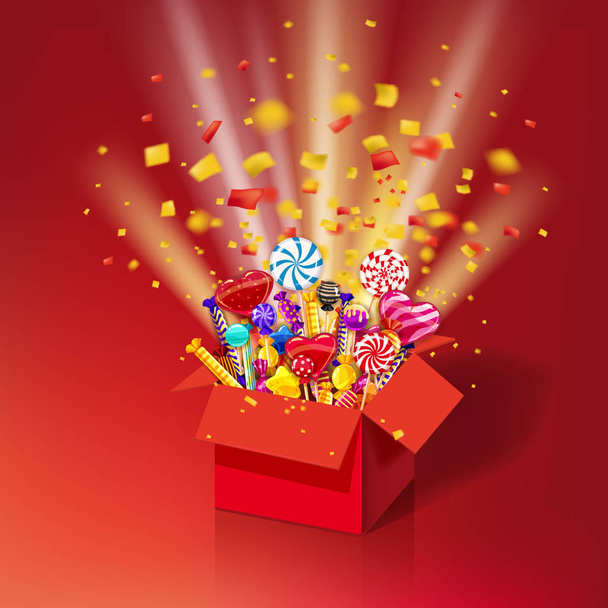 Karácsony édes ajándék doboz. Nyitott 3d-piros doboz yum, candy, zselés cukorkák. Robbanás a papír konfetti. Ünnepi meglepetés édességet. Édes párt ikon a fényhatások és a részecskék. Sablon, üdvözlés - Vektor, kép