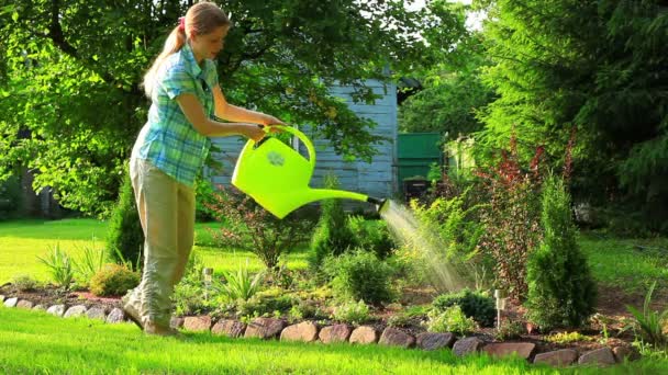 Young woman watering plants. - Séquence, vidéo