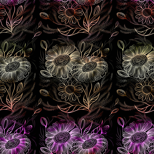 Bouquet of flowers. Decorative composition in the grettage technique. Seamless background. A collage of flowers and leaves on a dark background. Use printed materials, signs, objects, websites, maps. - Photo, Image