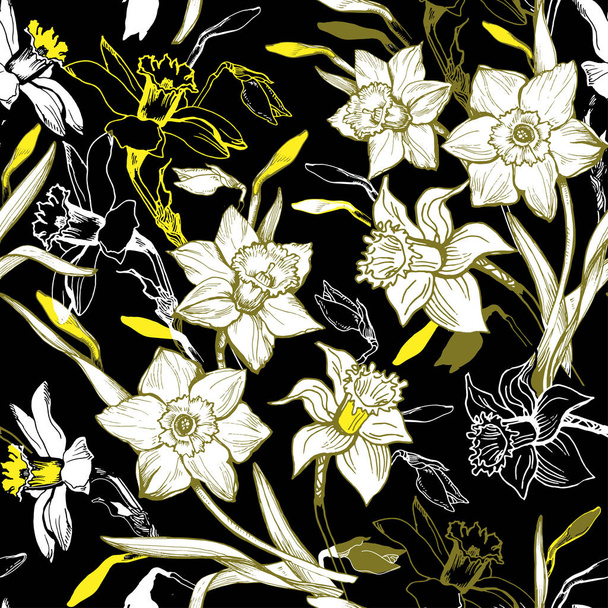 Floral seamless pattern with hand drawn flowers daffodils, narcissus. - Vector, imagen