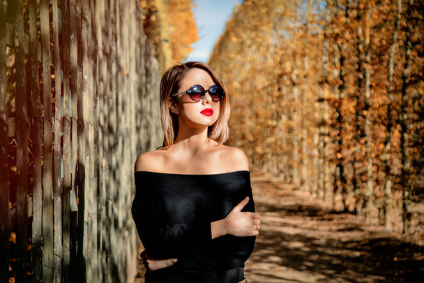 girl in sunglasses in autumn season park - Photo, Image