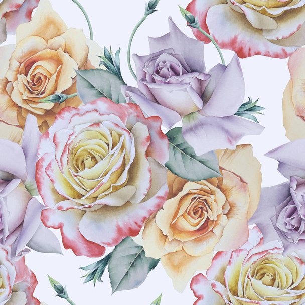 Bright seamless pattern with flowers. Rose. Watercolor illustration. Hand drawn. - Fotoğraf, Görsel