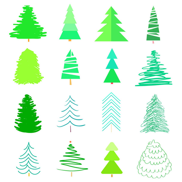 Christmas trees on white. Set for design on isolated background. Geometric art. Universal colored collection. Elements for banners, posters, t-shirts and textiles - Vector, Image
