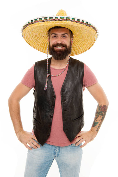 Man bearded cheerful guy wear sombrero mexican hat. Mexican party concept. Celebrate traditional mexican holiday. Lets have fun. Mexican guy happy festive outfit ready to celebrate - Φωτογραφία, εικόνα