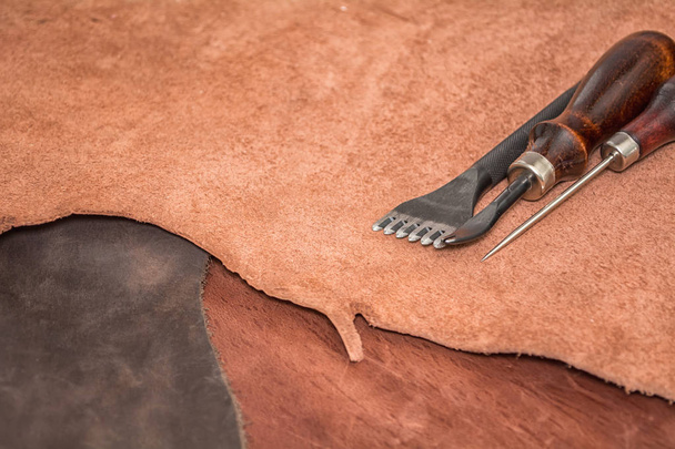 Natural leather and tools for creating products - Photo, Image