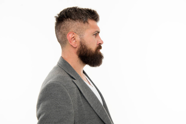 Hipster appearance. Beard fashion and barber concept. Man bearded hipster stylish beard and mustache isolated white. Barber tips maintain beard. Stylish beard and mustache care. Bearded and confident - Fotó, kép
