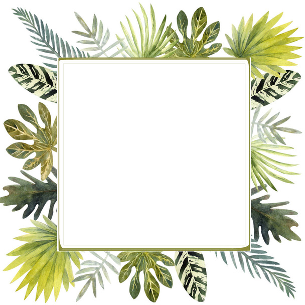 Watercolor frame of colorful tropical leaves. For invitations, greeting cards and Wallpapers. - Valokuva, kuva