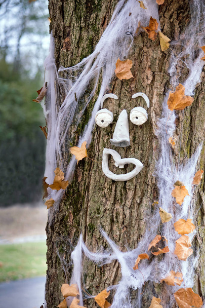 un árbol de la caída no solo está cubierto de telarañas falsas, sino que también luce una divertida cara de 3 d en la corteza, todo listo para Halloween
 - Foto, Imagen