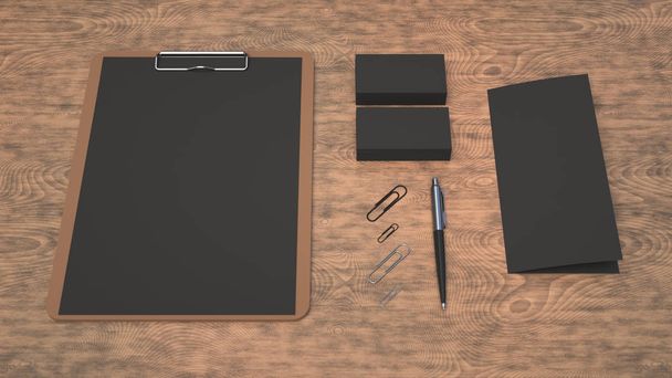 Clipboard with black sheet of paper, business cards, trifold leaflet, paper clips and automatic ballpoint pen on wooden table. Branding mockup. 3D rendering illustration. - Foto, afbeelding