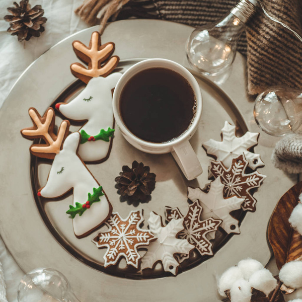cup with tea or coffee, fir branch, cookies in the shape of snowflakes, cozy knitted blanket, cotton and cozy garland, New Year - Photo, Image