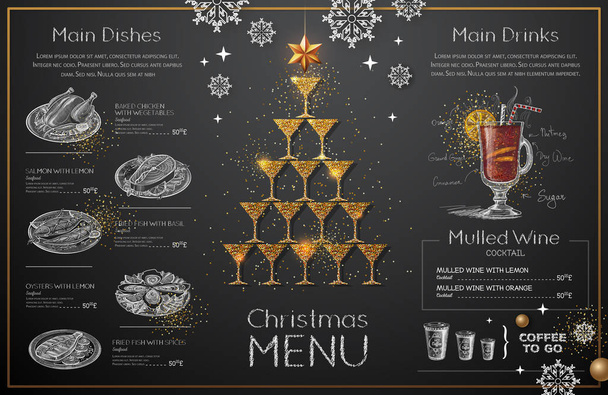 Menu di design natalizio con bicchieri di champagne dorati. Menu del ristorante. Piramide di bicchieri di champagne
 - Vettoriali, immagini