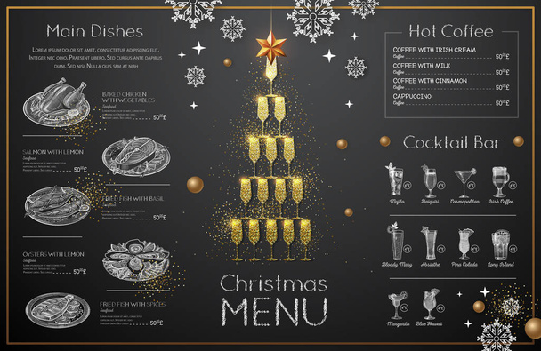 Weihnachtsmenü mit goldenen Sektgläsern. Restaurantkarte. Pyramide aus Sektgläsern - Vektor, Bild