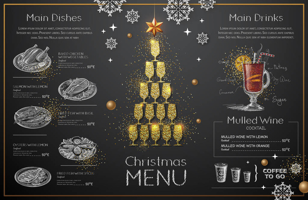 Diseño de menú navideño con copas de champán dorado. Menú del restaurante. Pirámide de copas de champán
 - Vector, imagen