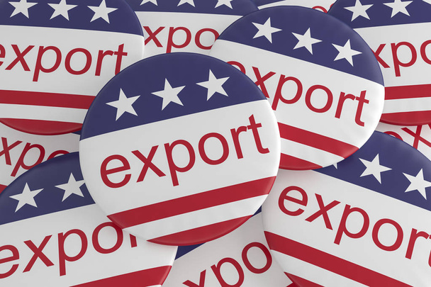 Stapel von Exportknöpfen mit uns-Flagge, 3D-Illustration - Foto, Bild