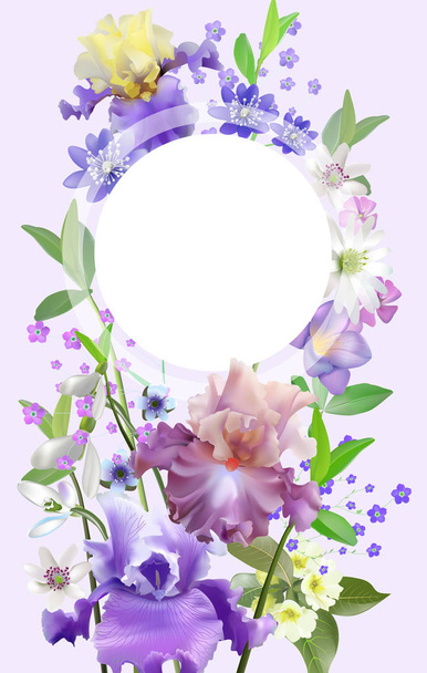 Vector vintage botanical banners with iris flower on white. Floral design for natural cosmetics, perfume,women products. Can be used as greeting card,wedding invitation,summer background - Διάνυσμα, εικόνα