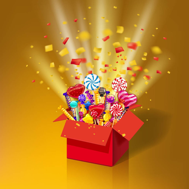 Weihnachten süße Geschenk-Box. Offene 3D-rote Schachtel mit Leckereien, Bonbons, Gelee, Süßigkeiten. Explosion von Papierkonfetti. Festliche Überraschung mit Süßigkeiten. süße Party-Ikone mit Lichteffekten und Partikeln. Vorlage, Gruß - Vektor, Bild